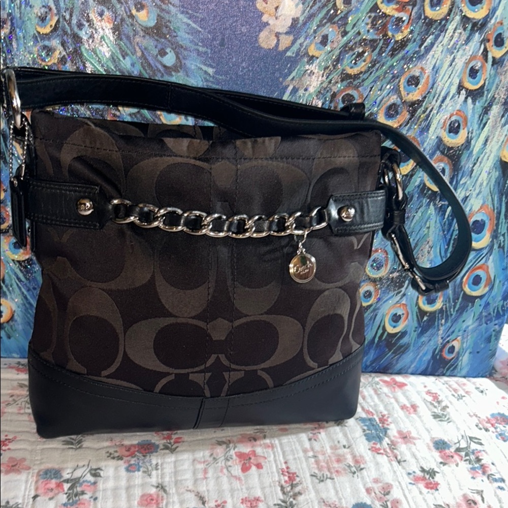 Vintage Coach Sateen Monogram and Leather/Silver Chain  Shoulder/Crossbody Bag